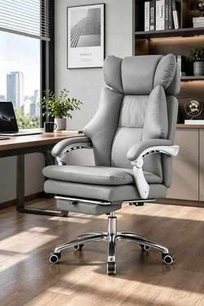 Living and Home Ergonomic Reclining Office Chair with Footrest and Adjustable Headrest in Grey