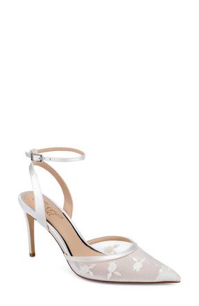 Badgley Mischka Zaida Ankle Strap Pointed Toe Pump in Ivory Satin at Nordstrom, Size 5.5