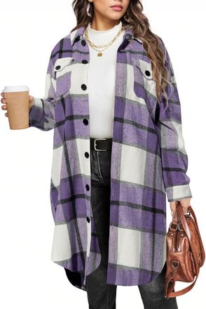 Generic Long Checkered Shirt,Womens Long Sleeve Flannel Checked Shirts Plus Size Baggy Cardigan Casual Button Down Long Plaid Jacket Open Front Lightweight Co