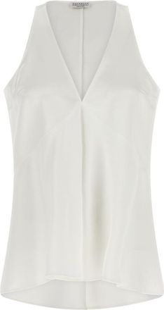 Brunello Cucinelli White Solid V Neck Top