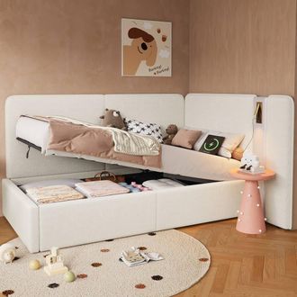 Matteo Boucl&eacute; Upholstered Single Daybed with Storage, USB & Reading Lamp in Beige