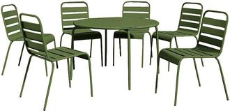 Vente-Unique Comedor de jard&iacute;n de metal - Mesa redonda D.130cm y 6 sillas apilables - Verde caqui - MIRMANDE de MYLIA