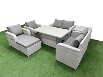 Fimous 7 Seater Outdoor Reclining Chair Love Sofa Set Rattan Garden Furniture Set w/ Adjustable Lifting Dining or Coffee Table Footstool Side Table