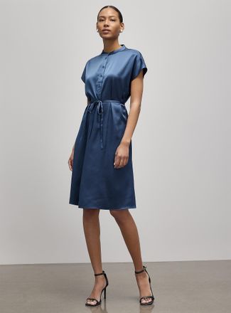 Contemporaine Womens Cap-sleeve officer-collar satiny dress