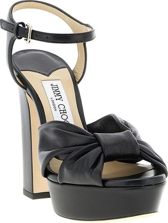 Jimmy Choo London Womens Heloise Platform Heel Sandal Black Leather Patent Satin