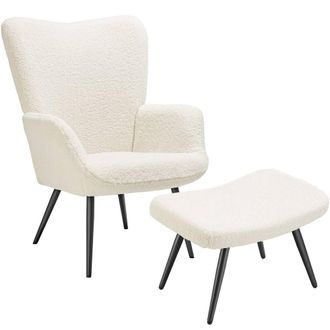TecTake Armchair Hygge With Stool - Boucl&eacute; Cream/Black in Cream