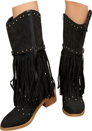 Generic 2026 Fashion Rhinestone Boots Women Knee High Western Fringe Low Chunky Stacked Heel Pointed Toe Mid Calf Cowboy Zipper Glitter Tassel Dress Boot Fall