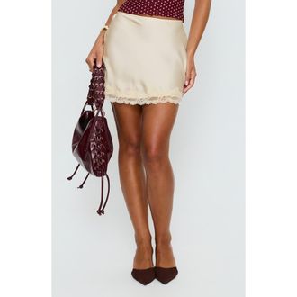 Princess Polly Brandey Lace Trim Satin Miniskirt in Cream at Nordstrom, Size 12