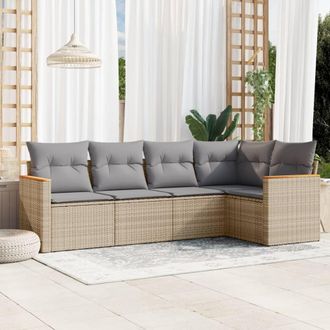vidaXL Juego De Sof&aacute;s Jard&iacute;n Con Cojines 5 Pzas Rat&aacute;n Sint&eacute;tico Beige Vidaxl