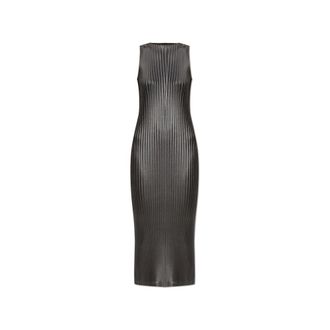 Issey Miyake Midi Dresses, female, Gray, Size: M Glossed Metal Pleats Dress