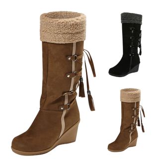 Generic Fuzzy Winter Snow Boots for Women Wedge Platform Mid Calf Boots Ladies Casual Plush Fur Thermal Suede Shoes Round Toe Non Slip Cowgirl Boot with Adjus