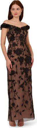 Adrianna Papell Womens Off Shoulder Bead Long Dress in Black Sequin - Size 6 UK