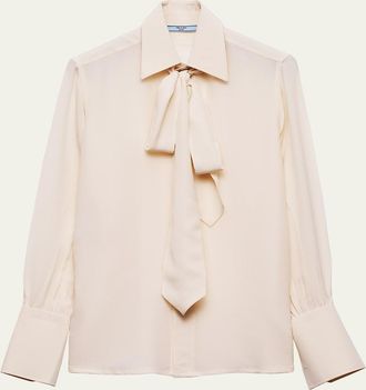 Prada Old Marocain Neck-Tie Silk Blouse