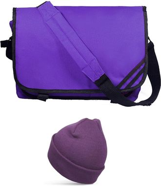 Generic Mens Womens Messenger Bag with Padded Shoulder Strap with Beanie Hat, 41 x 31 x 12 cm, Purple, Laptop and Tablet Compatible, Satchel Shoulder Bag, Sch