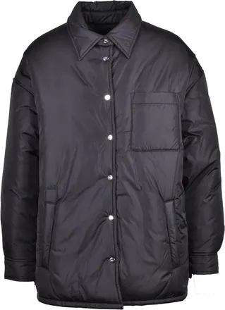Add Down-Filled Black Nylon Short Coat With Snap Button Closure
