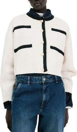 Mango Contrast Trim Cotton Blend Crop Cardigan in Ecru at Nordstrom, Size X-Small