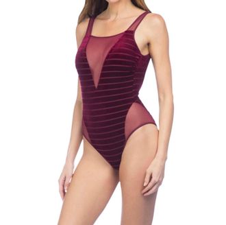 Kenneth Cole Stripe Mesh High Leg One Piece Swimsuit In Burgundy Velvet