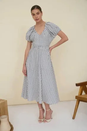 ZOE AND CLAIRE Puff Sleeve Dress With Belt In Navy Stripe