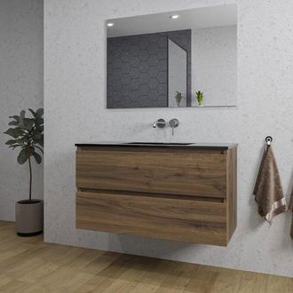 Saniclass Chaci Badkamermeubelset - 100x46x55cm - keramische wastafel zwart - 1 wasbak - zonder kraangaten - 2 lades - rechthoekige spiegel - noten (hout)