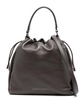 Brunello Cucinelli Dark Brown logo-debossed bucket bag
