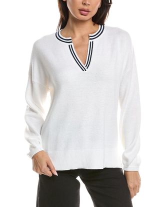 Fort&eacute; Cashmere Gathered Sleeve Split Neck Cashmere-Blend Sweater