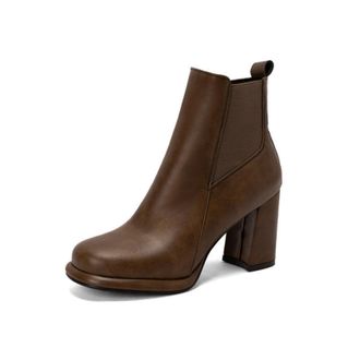 Generic Womens Ankle Boots with Platform Chunky Heel - Elastic Side Panel for Comfortable Fit and Easy Wear,Tan,6.5 UK