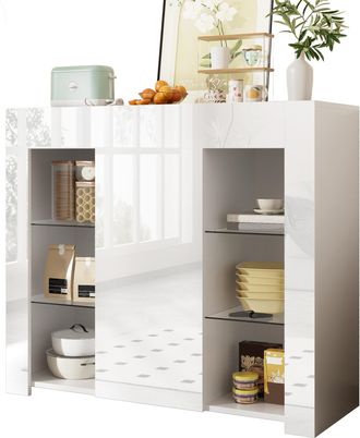 STILVORA Aparador Con 1 Puerta Y Estantes De Cristal, Frontal Blanco Brillo, Estilo Moderno, En Tablero De Part&iacute;culas, 95&times;35&times;83 Cm