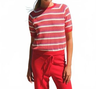 Sundry Crew Neck Stripe Raglan Sweater In Vermillion