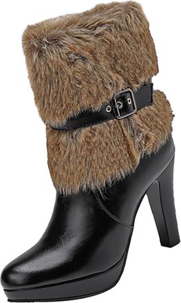 Generic Heel Booties for Women Plush Lined Knee High Boots Women Autumn and Winter High Heeled Warm Low Boots Short Boots Female Boots Women Flat Heel (Black,