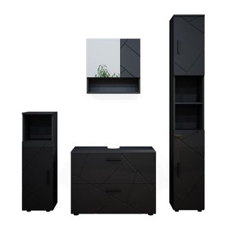 Vicco Conjunto De Muebles De Ba&ntilde;o Irma, Antracita Alto Brillo, 4 Piezas, Con Cajonera Y Armario Alto