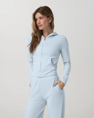 Vuori Clothing Halo Mini Full Zip Hoodie | Soft Sky Heather | XS, Size Extra Small