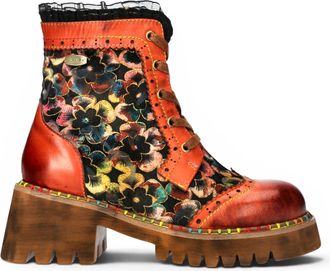 Laura Vita Womens Gothic Floral Orange Leather Combat Boots - Oyao-11