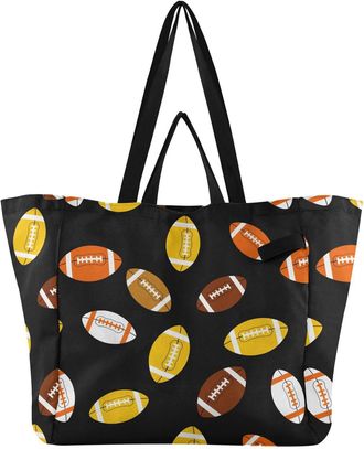 Generic Black Football print Reusable Canvas Tote Bag, Heavy Duty Grocery Shopping Bag with Hard Bottom Double Handles Large Capacity Work Groceries Travel