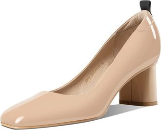 TinaCus Glossy Patent Leather Handmade Sqaure Toe Mid Chunky Heels Womens Casual Pumps Shoes, Apricot, 7 UK