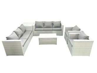 Fimous Outdoor Rattan Sofa Garden Furniture Set with 2 Armchairs Oblong Coffee Table Side Table Light Grey Mixed
