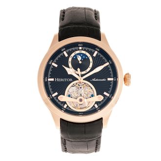 Heritor Gregory Semi-Skeleton Watch, Rose Gold and Black Leather Strap