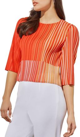 Ming Wang Stripe Pliss&eacute; Elbow Sleeve Top in Flame Stripe at Nordstrom Rack, Size X-Small