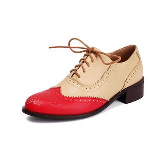 Generic Womens Lace Up Vintage Oxford Shoes Round Toe PU Leather Brogues Shoes Low Block Heel Office Dress Shoes,Red,3.5 UK
