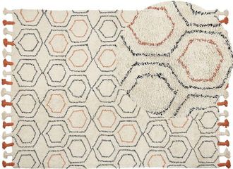 Beliani Alfombra De Algod&oacute;n Beige Naranja Negro 160 X 230 Cm A Mano Geom&eacute;trico Borlas Hajipur