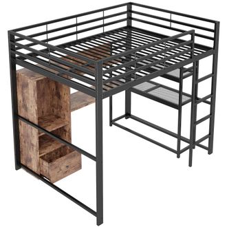 Urban Meuble Cama alta de metal negro (140x200 cm) con escritorio LED