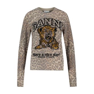 Ganni Womens Leopard-Print Wool Sweater Beige Sweatshirts