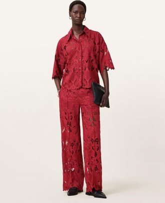 AllSaints Polyester Charli Embroidered Straight Fit Trousers, Size: UK 14/US 10