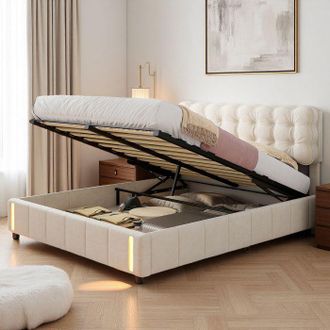 OEM Cama 140x190 Cm De Terciopelo Beige, Led Integrada, Sistema Hidr&aacute;ulico, Marco De Metal Y Madera