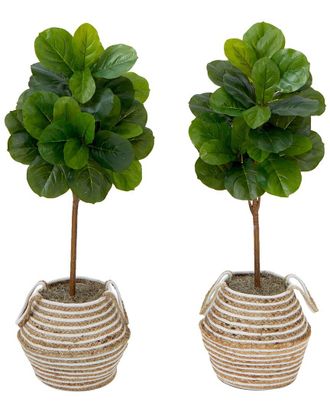 Nearly Natural Set Of Two 3.5Ft Artificial Fiddle Leaf Fig Trees With Handmade Tassel Basket Diy Kit