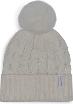 Calvin Klein Faux Fur Pompom Beanie in Cream at Nordstrom Rack