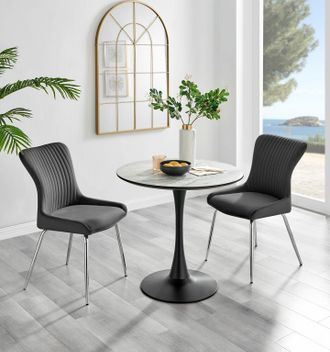 Furniturebox Elina White Marble Effect Scratch Resistant Dining Table & 2 Nora Silver Leg Velvet Chairs in Dark Grey