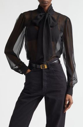 Saint Laurent Sheer Silk Chiffon Tie Neck Shirt in Noir at Nordstrom, Size 10 Us