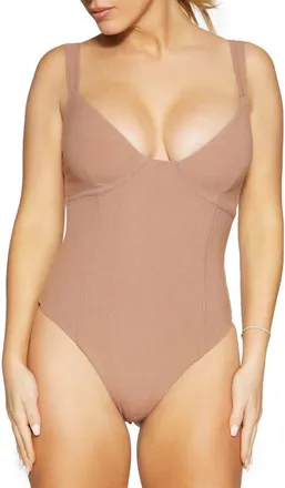 Naked Wardrobe Faux Bustier Ribbed Bodysuit in Coco at Nordstrom, Size Large