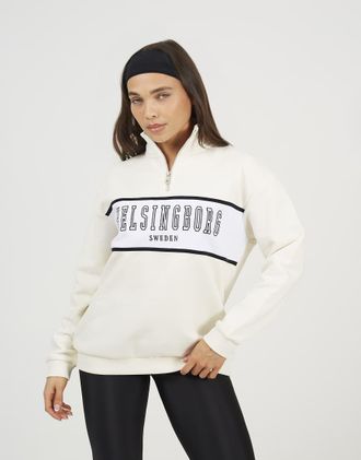 Brave Soul Felpa color crema ricamata con collo a imbuto e zip corta-Bianco