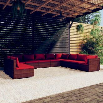 vidaXL Set Muebles De Jard&iacute;n 10 Pzas Y Cojines Rat&aacute;n Sint&eacute;tico Marr&oacute;n Vidaxl